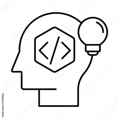 AI Functionality Icon (Code and Efficiency). Creative AI Icon (Code & Innovation). AI Code and Bulb Icon (Intelligent Solutions). Vector Editbale Stroke Icon. photo