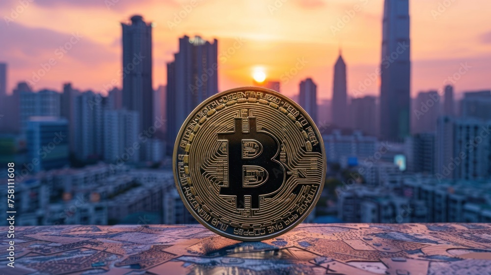 Tokenized Real-world Asset: Bitcoin Coin Symbolizes Modern City Skyline at Sunset