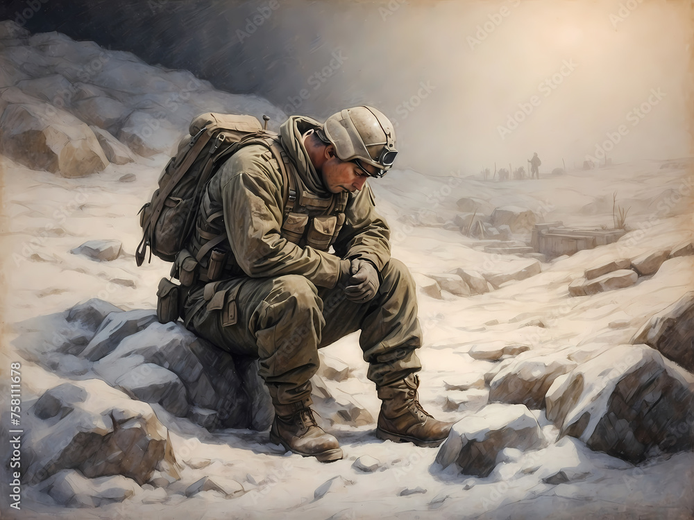 A soldier kneeling in prayer amidst the snowy trenches, seeking solace and strength in the midst of chaos - obrazy, fototapety, plakaty 
