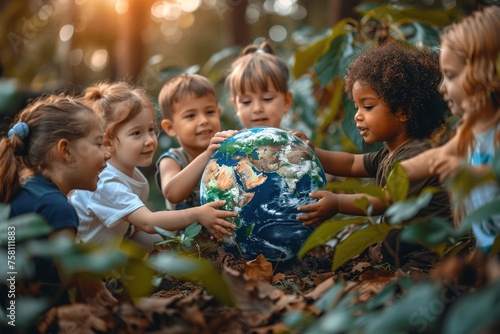 group of children, holding sphere of the planet earth in their hands, in the forest