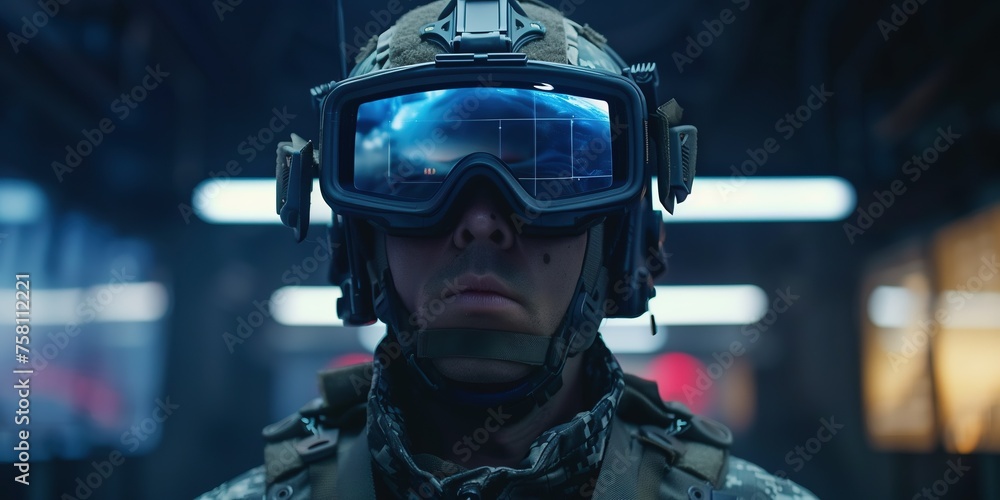 Close-up of a soldier using high-tech sunglasses with holographic display Close-up of a soldier using high-tech sunglasses with holographic display
