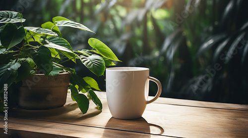 A white coffee mug on a table next to a plant.