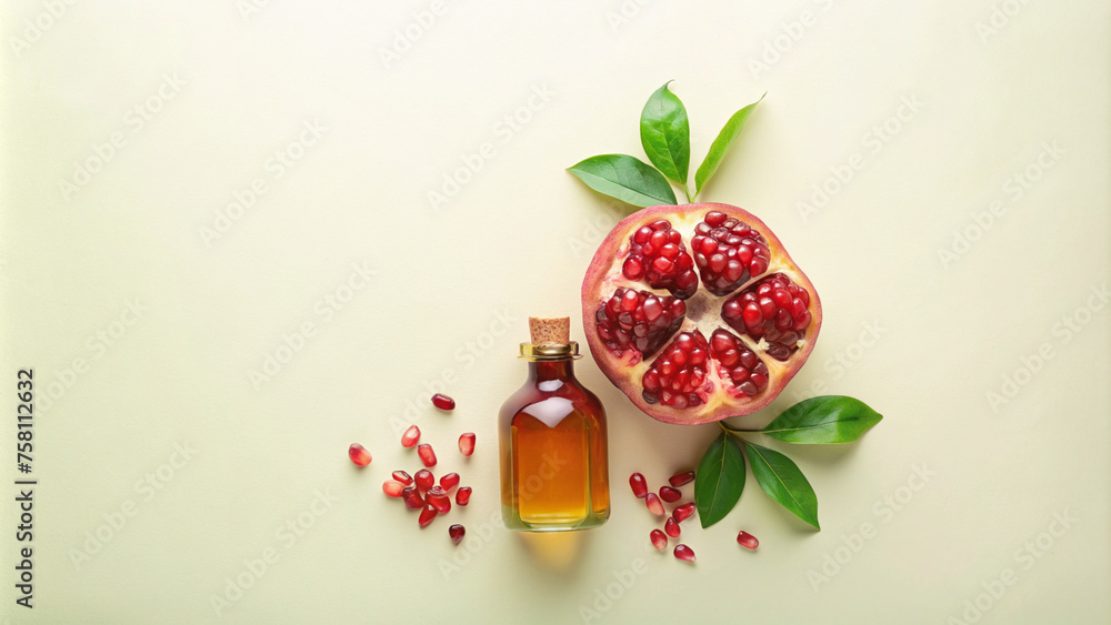 Pomegranate and Pomegranate Oil on Pastel Background with Copy Space
Pomegranate and Pomegranate Oil on Pastel Background with Copy Space