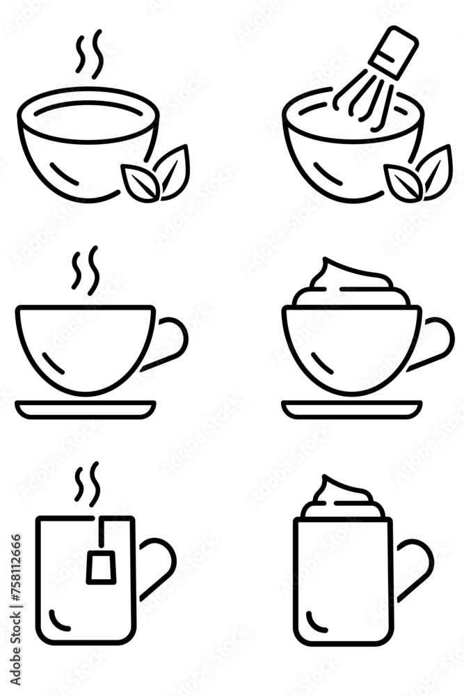 Hot drink cups icon set. Matcha latte and whisk, coffee cup with foam, tea, cocoa with cream thin isolated icons.