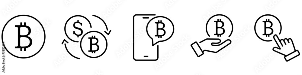 Bitcoin linear icon set. Open hand with coin, smartphone bitcoin vector, exchange dollar and crypto token, Hand point to coin. Bitcoin linear icon set. Open hand with coin, smartphone bitcoin vector, exchange dollar and crypto token, Hand point to coin.