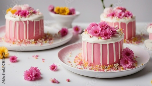  cake with pink frosting Cakes with baked homemade cream and pink top on a white plate.  