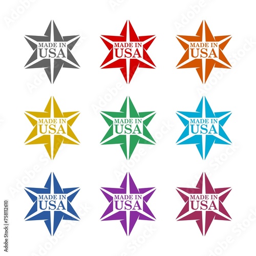  Made in USA label icon isolated on white background. Set icons colorful