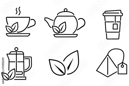 Green tea thin outline icon set. Cup with leaves, teapot, disposable paper cup, french press and teabag isolated symbols.