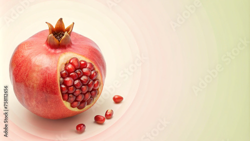 Dripping Pomegranate Seed Oil from Fresh Cut Pomegranate on Gradient Background
 photo