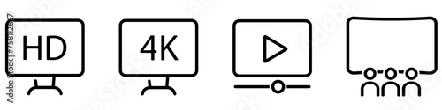 Set of thin cinema screen vector icon. Full hd display symbol. 4k sign. Wide monitor sign. Play media icon. Multiplex audience.