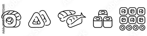 Sushi roll icon. Japanese food icon set for delivery app. Shrimp nigiri symbol outline. Philadelphia sushi illustration. Maki set sign.