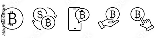 Bitcoin linear icon set. Open hand with coin, smartphone bitcoin vector, exchange dollar and crypto token, Hand point to coin.
