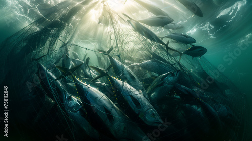 Bluefin Tuna caught up in a fishing net, Illicit trade in bluefin tuna has been facilitated by the process of catching fish with large nets that close at the bottom called seine netting