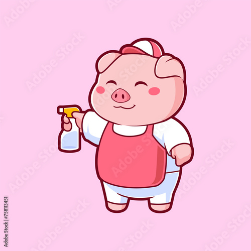 Cute Piggy Holding Cleaning spray Cartoon Vector Mascot Illustration. Flat Cartoon Style Animal Occupation Icon Concept Vector.