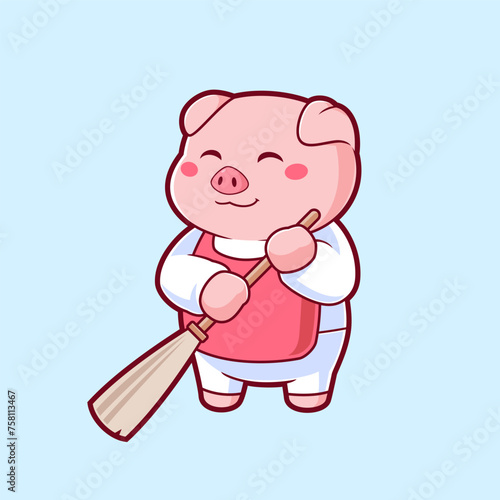 Cute pig broom sweeping icon vector illustration. Flat design cartoon mascot vector illustration.