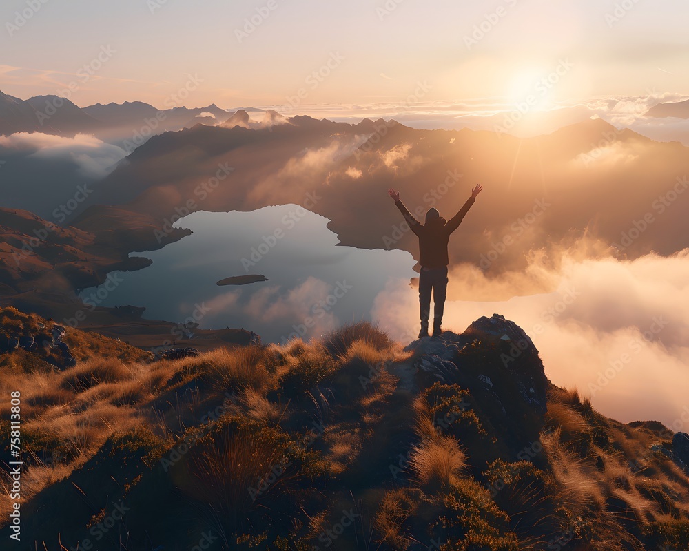 Victorious Summit: A lone figure celebrates atop a mountain, bathed in sunrise glow, with misty valleys and a reflective lake embracing nature's tranquility.