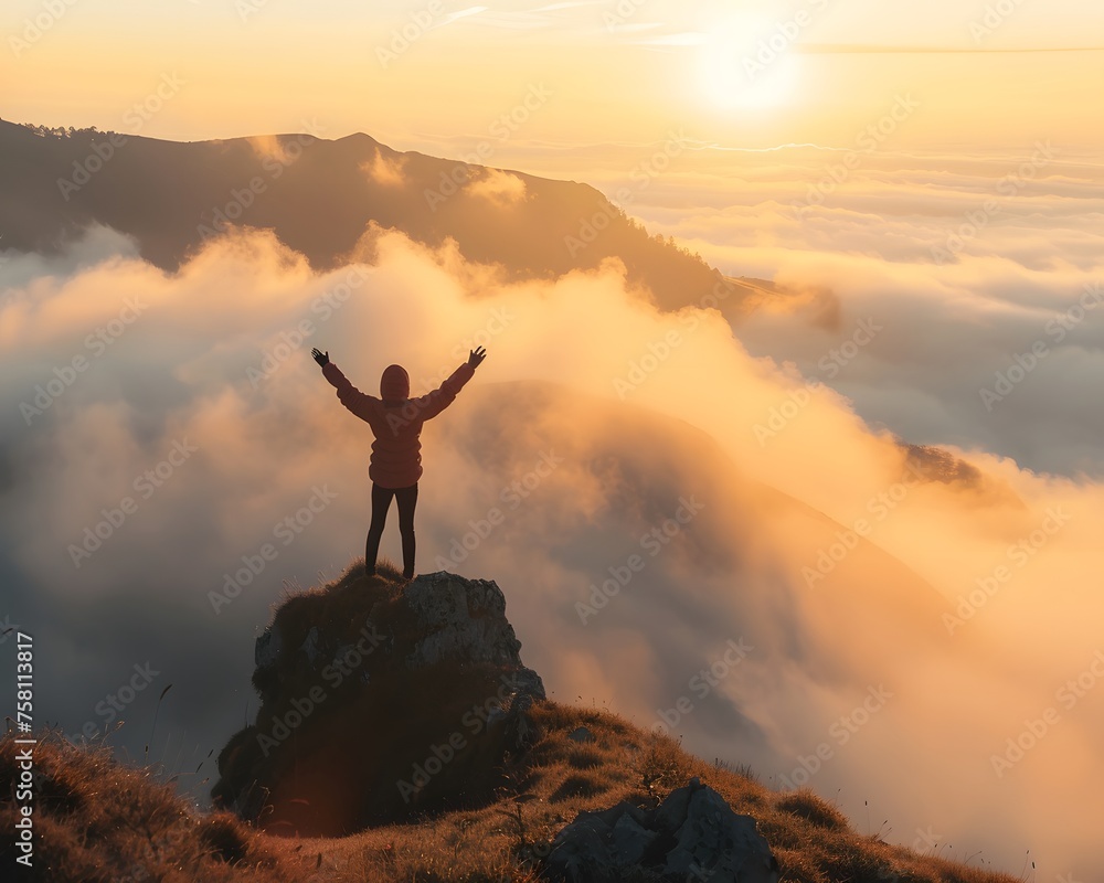 Sunrise Triumph: Person celebrates atop a mountain, arms raised, amidst golden mist and clouds.