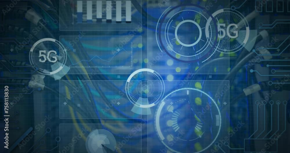 Animation of 5g text and digital data processing over computer servers Animation of 5g text and digital data processing over computer servers