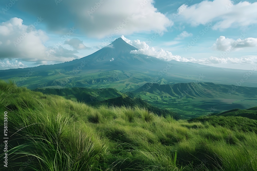 Panoramic view of Mount Mayon's peak amidst lush hills under a cloudy sky, showcasing nature's grandeur. Panoramic view of Mount Mayon's peak amidst lush hills under a cloudy sky, showcasing nature's grandeur.