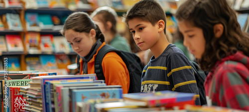 A group of students eagerly explores a pop-up book fair, their faces alight with excitement as they discover new literary treasures