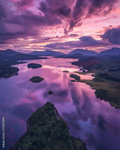 Aerial shot of Loch Alsh, Scotland at dusk, with purple clouds and pink water reflections amidst islands and mountains, evoking beauty, relaxation, and romance. photo