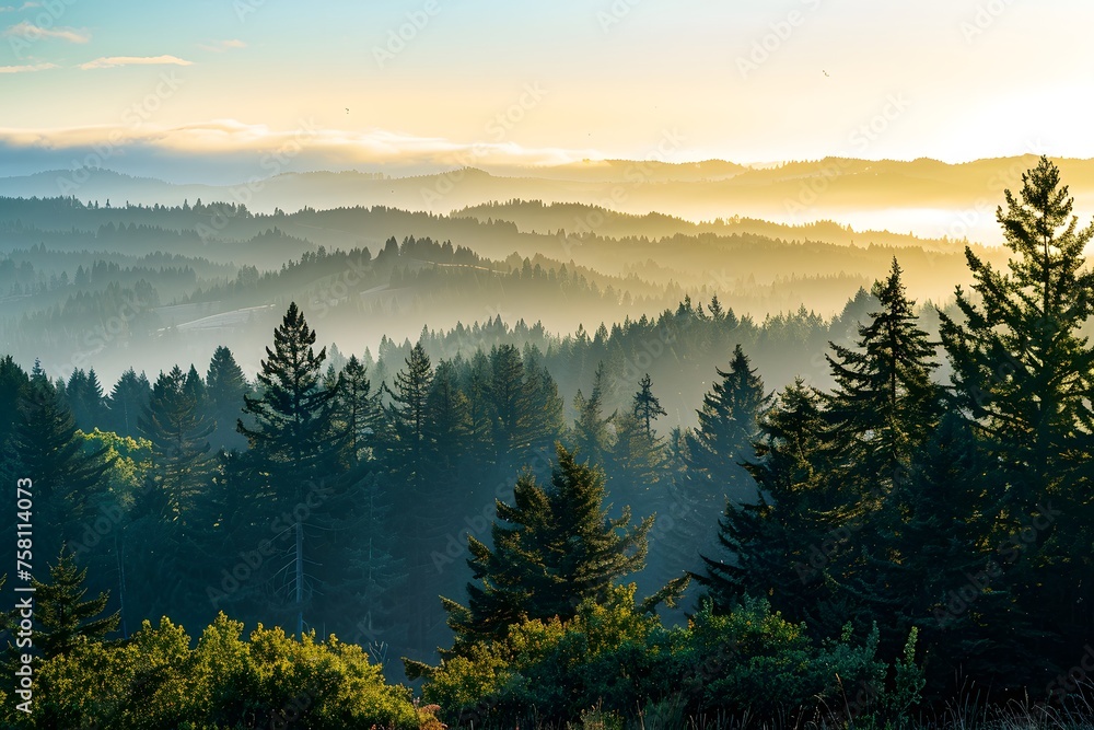 Captivating Oregon ridge-edge view, showcasing forested mountains under a golden-hour blue sky.
