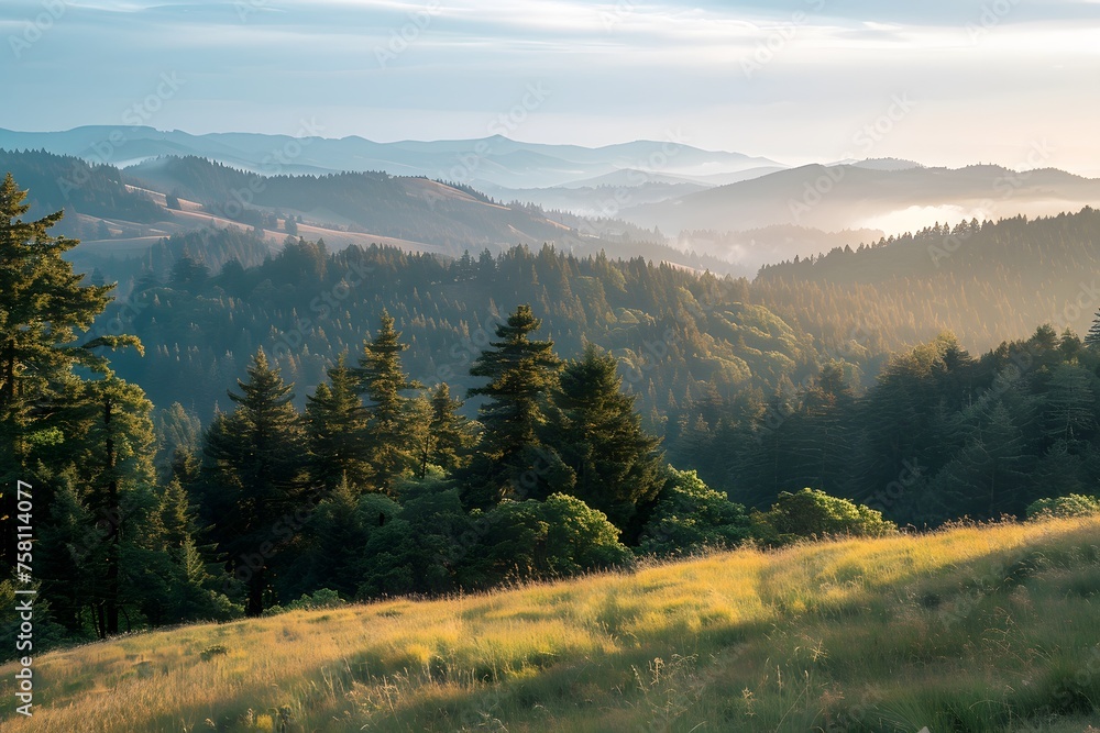 Captivating view from a ridge overlooking Oregon's mountains and forests under a golden-hour blue sky.