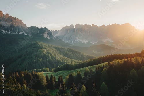 Golden Hour Glory: Pristine Dolomites Landscape with Lush Forests and Majestic Mountains under a Serene Sky