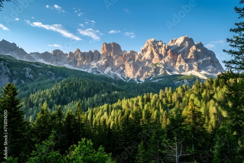 Golden Hour Over the Dolomites: Pristine Forests Meet Majestic Peaks under a Serene Sky, Captured in Stunning Detail and Vibrant Contrast.