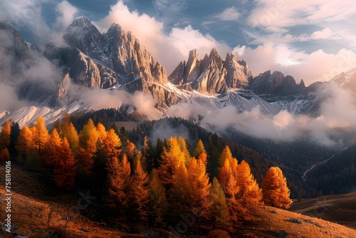 Breathtaking view of the Dolomites in Italy, showcasing majestic mountains embraced by lush trees.