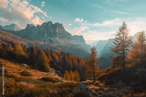 Captivating view of the Dolomites in Italy, showcasing majestic mountains embraced by lush trees.