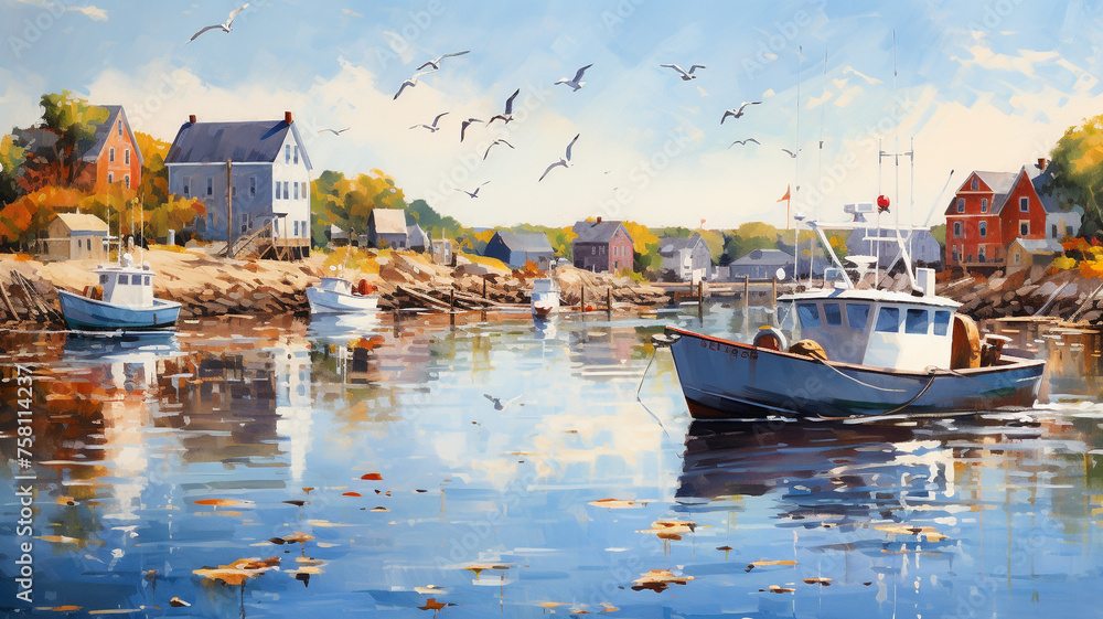  A quaint coastal village with colorful fishing boats bobbing in the harbor, seagulls wheeling overhead against a backdrop of clear blue skies - obrazy, fototapety, plakaty 
