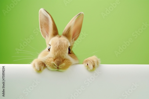 Cute rabbit holding a paper sign on a green background.  Easter holiday. Generative Ai