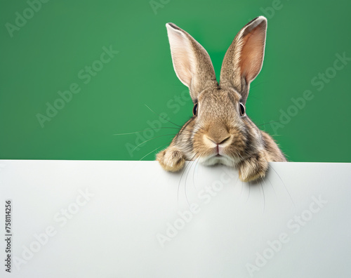Cute rabbit holding a paper sign on a green background. Easter holiday. Generative Ai