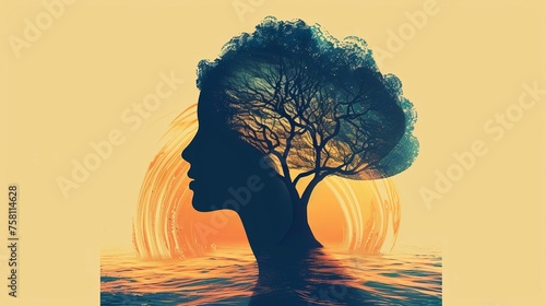 Abstract tree growing from meditating person's head, symbolizing mindfulness and self-reflection photo
