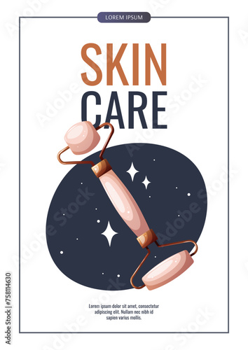 Flyer design with jade roller for gua sha massage. Beauty, skin care, body care, treatment, massaging concept. Vector illustration for promo, banner, poster.