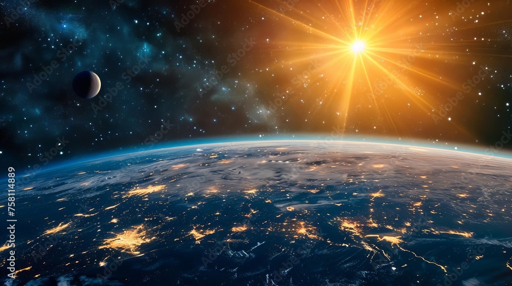 Bright sun shining in vast expanse of outer space with stars and planets Bright sun shining in vast expanse of outer space with stars and planets