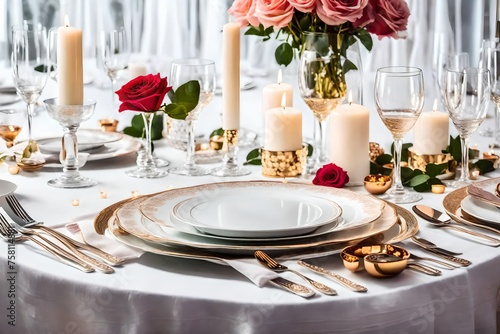 table set for a wedding reception, Christmas holiday family breakfast, table setting decor with candles and flowers and festive tablescape, English country and home styling