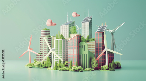 renewable energy future city landscape with wind turbines and solar panels, sustainability, and eco-friendly