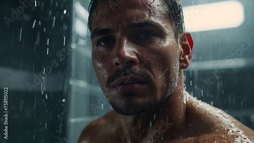 Man with an intense expression, seen close up with shower water streaming over him photo