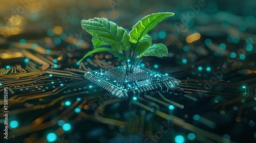 Futuristic tech plant growing from circuit board representing innovation and progress photo