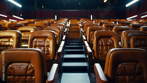 This image showcases an empty cinema hall with luxurious brown leather seats perfectly aligned offering a private viewing experience photo