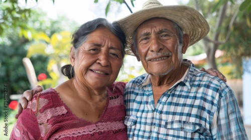 Loving elderly Hispanic couple enjoying retirement outdoors, immigrant's fulfilling life story, Latin American culture © Bijac