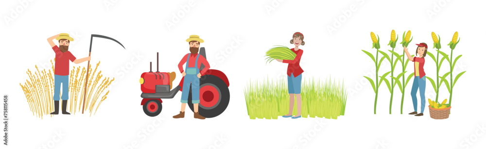 Man and Woman Farmer Character Enjoy Agriculture Work Vector Set Man and Woman Farmer Character Enjoy Agriculture Work Vector Set