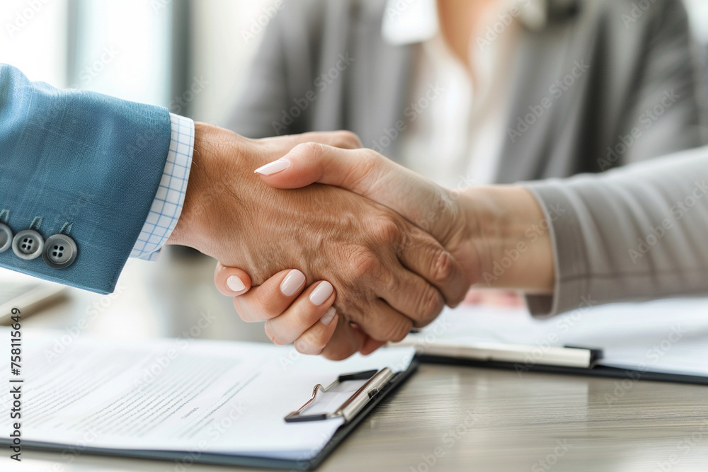 significance of a contractual agreement in business, with the document while a businesswoman and man finalize the deal with a handshake in the background, significance of a contractual agreement in business, with the document while a businesswoman and man finalize the deal with a handshake in the background,