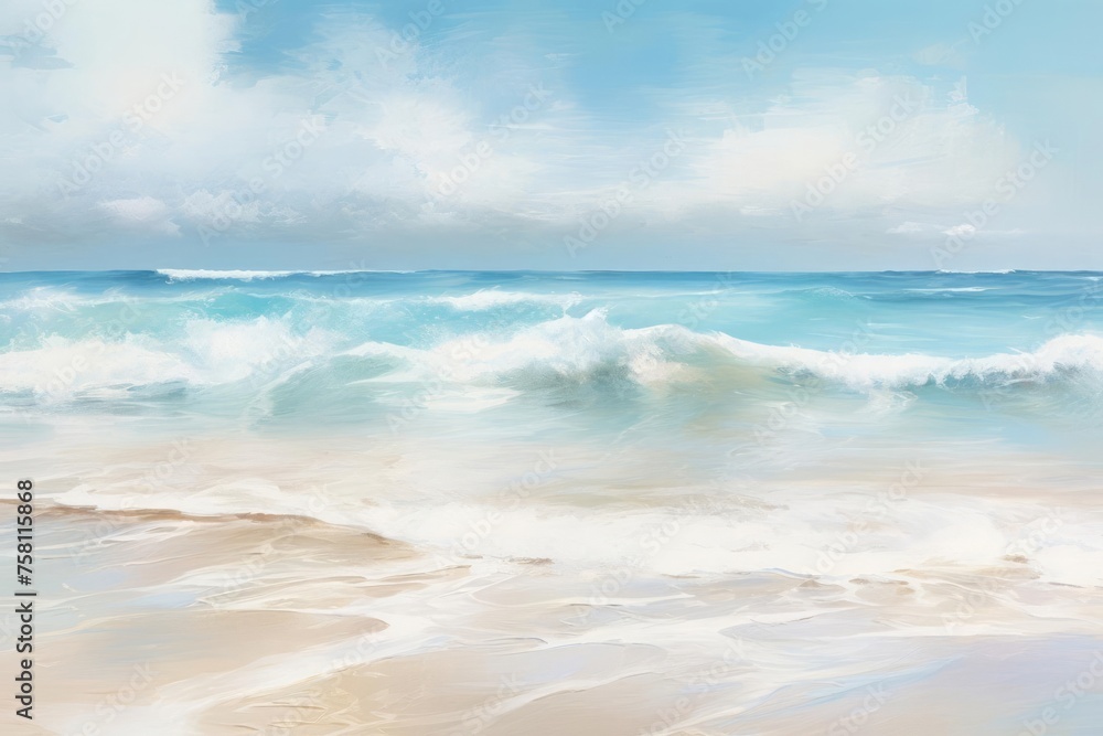 The coastal serenity of an abstract beach, captured from above with delicate light blue transparent water waves and sunlit sands. Summer vacation concept, radiating elegance and tranquility.