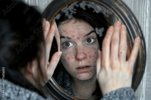 Person Examining Skin Closely in Mirror, Showing Signs of Dermatophobia and Anxiety-Driven Behavior, Concept of Health Concerns and Self-Examination photo