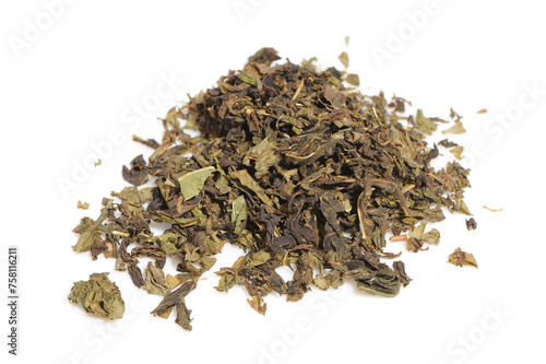 Loose Black and Green Tea Close-up Isolated on White Background