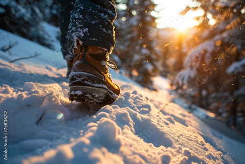 Close-up of a hiker's snow-covered boots on a snowy trail with the sun setting through the trees in the background. Concept: winter family sports and recreation