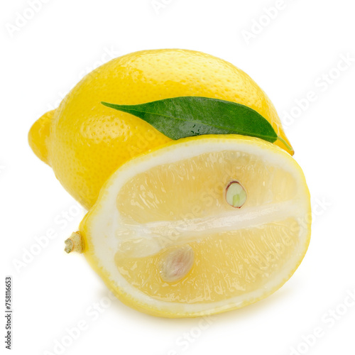 Whole and Cut Lemon with Green Leaf Isolated on White Background